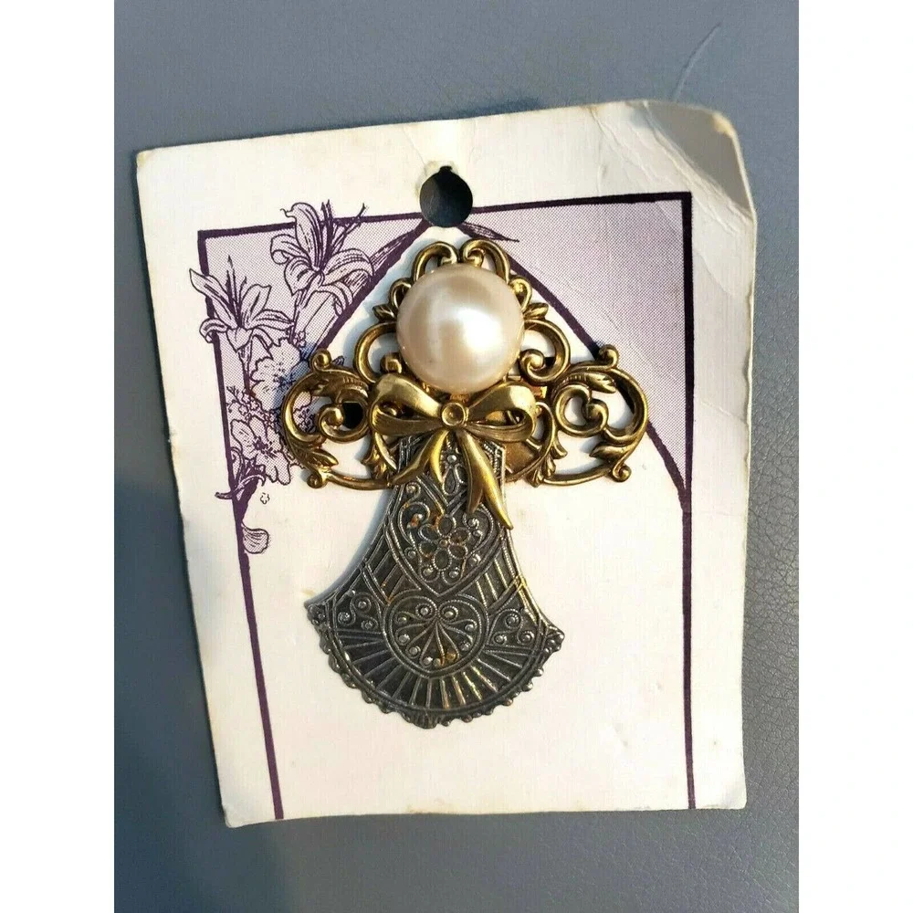 Guardian Angel Silver Gold Tone Faux Pearl Head Brooch Pin 2.5